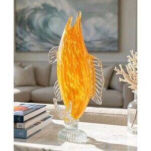 Vintage Murano Style Art Glass Fish Sculpture Orange Yellow Hand Blown Large 17"
